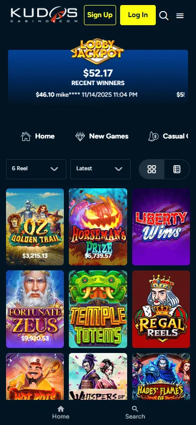 Kudos Casino games screen on a mobile device