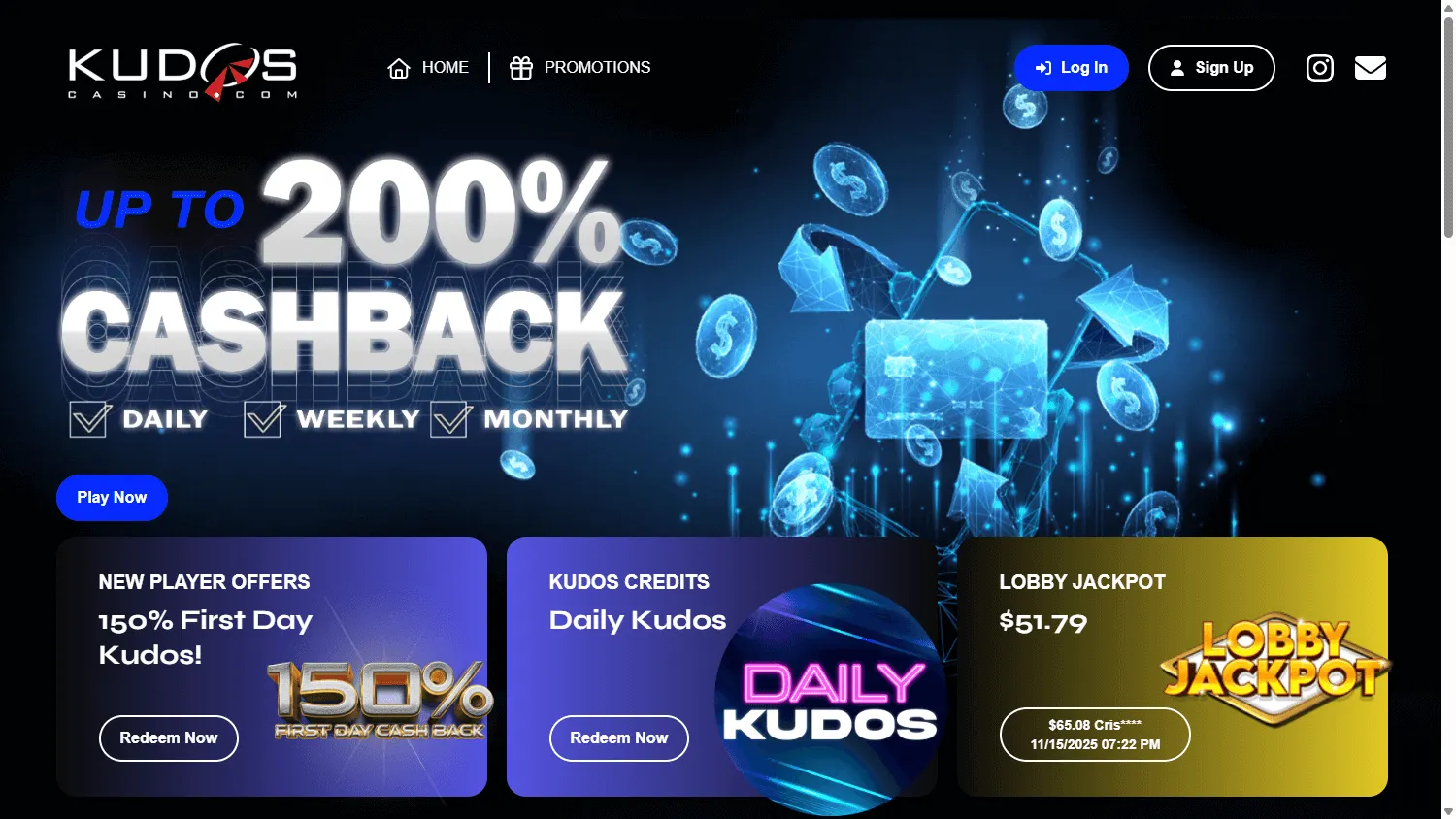 Kudos Casino home screen on desktop