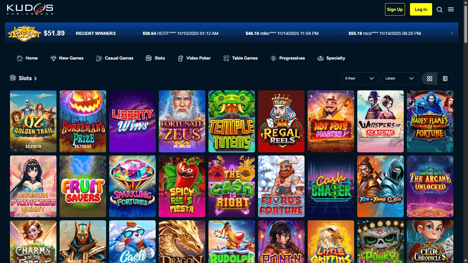 Kudos Casino games screen on desktop