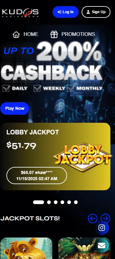 Kudos Casino home screen on a mobile device