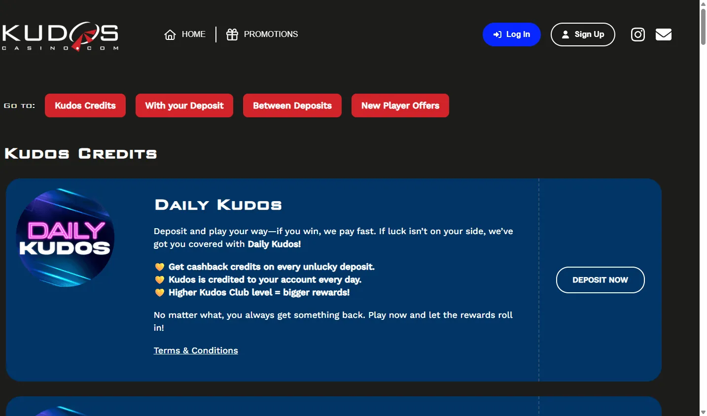 Kudos Casino promotions screen on desktop