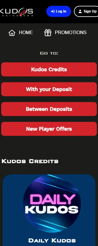 Kudos Casino promotions screen on a mobile device